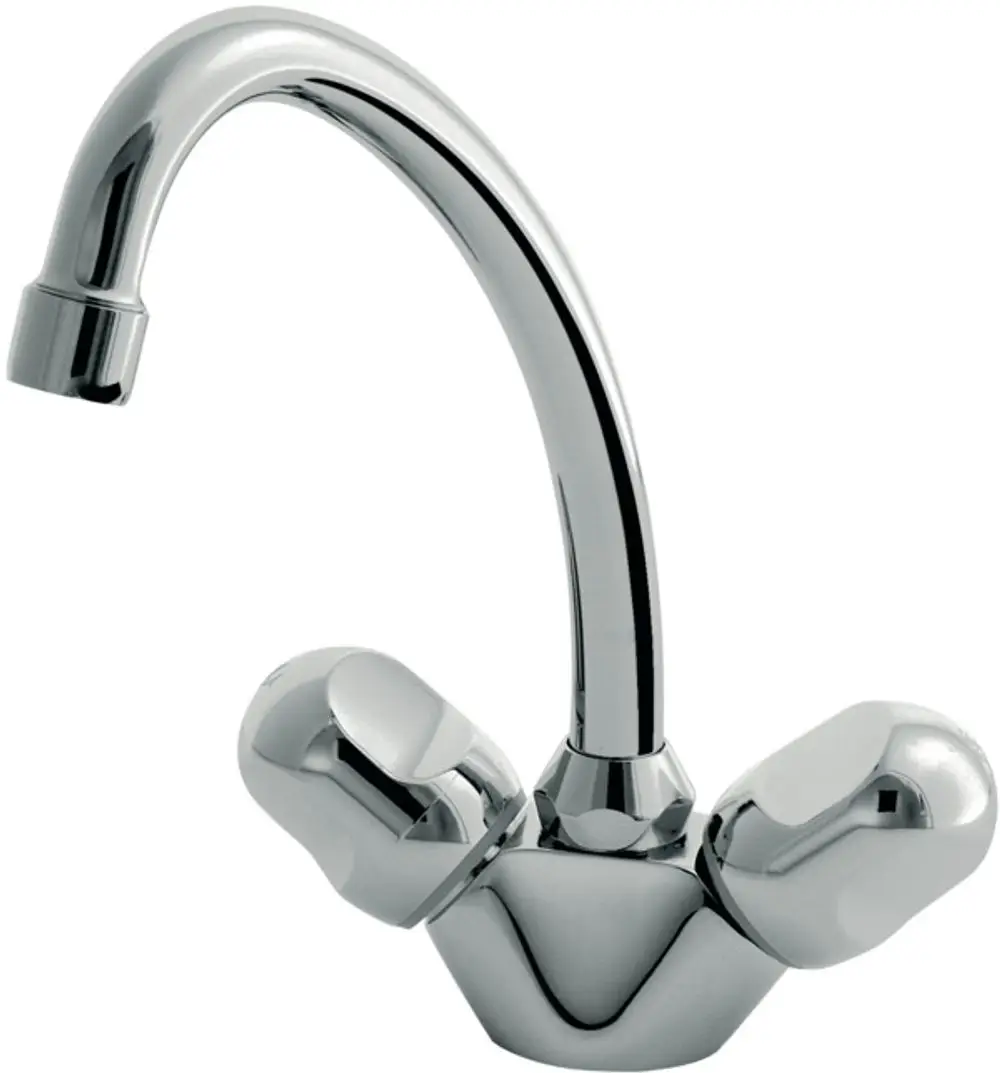 Zweigriff-Wasserhahn von Ideal Standard, mit chromfarbener Oberfläche und gebogenem Auslauf, ausgestattet mit zwei Griffen zur Temperatur- und Mengenregulierung.